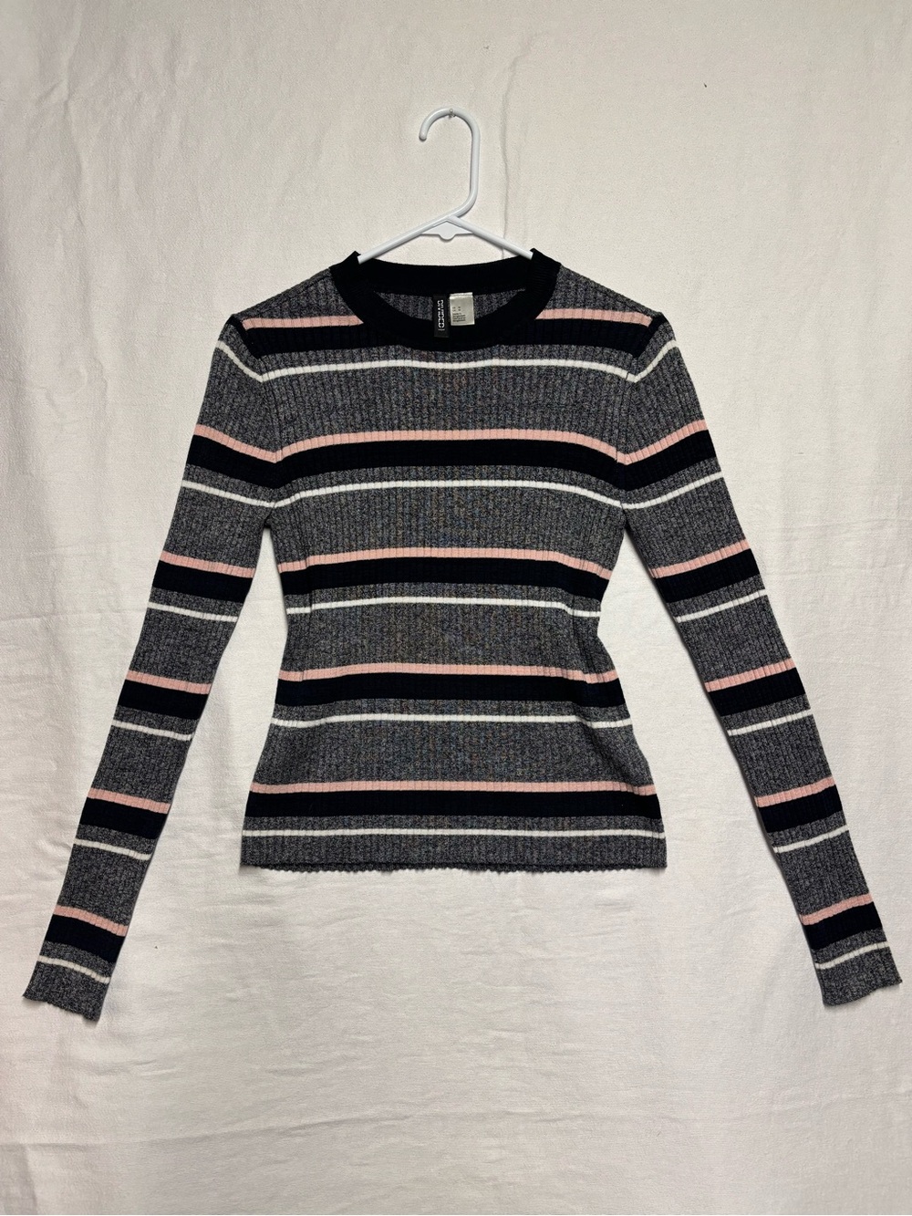 H&M Striped Long Sleeve Crewneck Top in Pink, Black & Gray